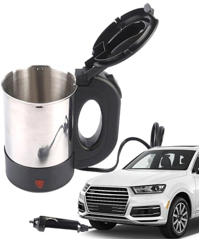 Elektrisk resevattenkokare 500 ml i rostfritt stål, bärbar och kompakt. Perfekt för kokande vatten, te eller kaffe på resan eller i bilen. Uppvärmd idealisk för resor och daglig användning.