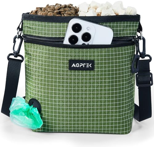 AGPTEK Dog Treat Pouch, Magnetic Dog Walking Pouch with Removable & Split Snack Bag, Water-Resistant Waist Pack with Poop Bag Dispenser & Hands-Free D-Ring for Training, Walking, Hiking, Run, Green