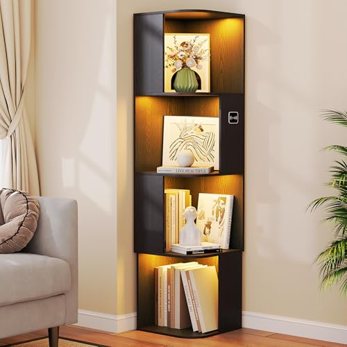 Lvifur 140cm Bücherregal mit 4 Ebenen & LED-Beleuchtung für Büro,Wohnzimmer | Eckregal stehend,buchregal, Book Shelf mit Bewegungsmelder für Schlafzimmer,Küche