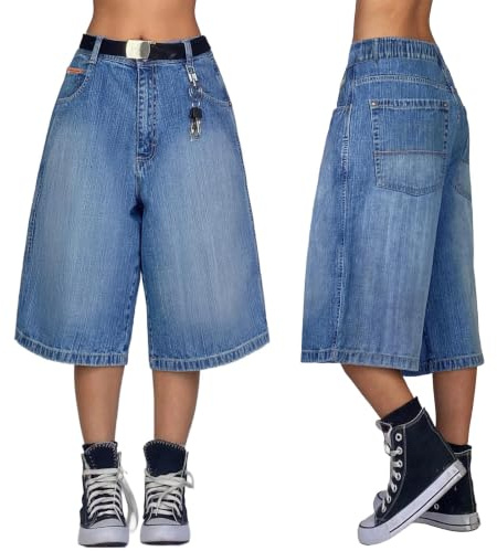EMMIOL Baggy Jorts for Women Wide Leg Jean Shorts | Elastic Waist Y2K Streetwear Boyfriend Bermuda Jean Shorts with Pockets