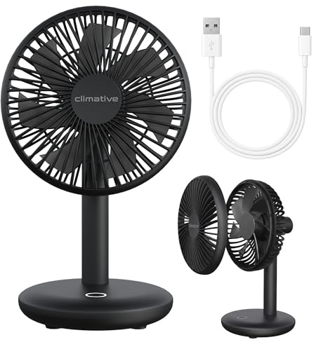 Climative Tischventilator sehr leise - 7-Flügel USB Ventilator Akku 2000 mAh, Ø 14cm, 4 Modi, Naturwind, Bürstenloser Mini Lüfter für Büro, Camping Ventilator BreezGo, Table Fan, 8,5H Laufzeit Schwarz