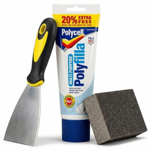 Polycell Polyfilla Multi-purpose Ready Mixed Wall Filler 396g Tube with 3 Professional Scraper & Flexible Sanding Block — Complete Wall Repair Kit