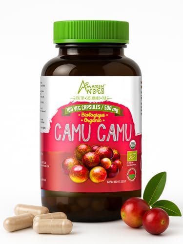 Amazon Andes Camu Camu Capsules 500mg - Pure Vitamin C Origin from Peru - Myrciaria Dubia Berry - 100 Vegetarian Caps - Wild Harvested Amazon Rainforest Superfruit Non-GMO Vegan