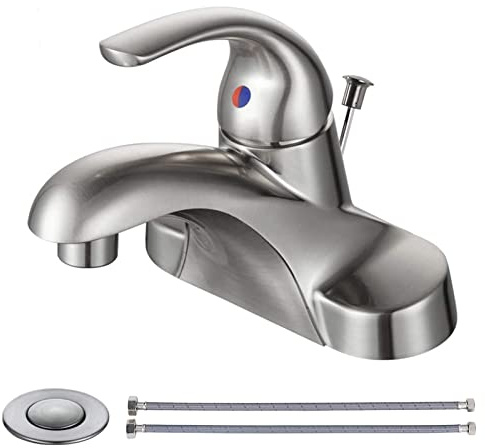 WOWOW Bathroom Faucet 1 Handle Low Arc Single Handle 4 inch Centerset Bathroom Sink Faucet with Pop Up Drain Assembly Basin Mixer Tap Brushed Nickel Vanity Faucets