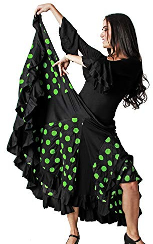 Gojoy shop- Traje Profesional de Baile Danza Flamenco o Sevillanas para Mujer de 2 Piezas (Contiene Body con Doble Volantes en Manga y Falda de Lunares en 6 Colores Disponibles) (M, Verde)