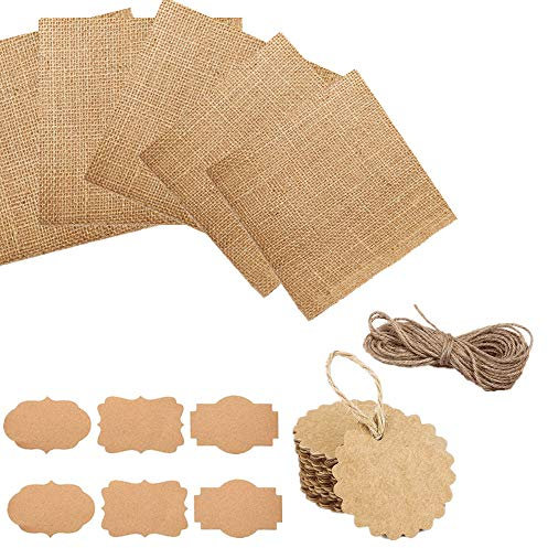 Super Idee - 50 centrini per marmellate, 15 cm x 15 cm, in tessuto di iuta, con cordino, adesivo e ciondolo, decorazione per barattoli di marmellata per Natale e matrimoni