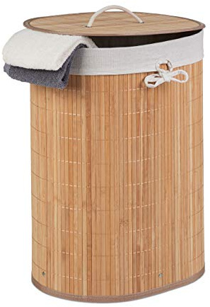 Relaxdays Wäschekorb Bambus, oval, 46 l, faltbar, natur | Wäschesammler mit Deckel, Bad & Schlafzimmer, HBT: 55x42x32cm