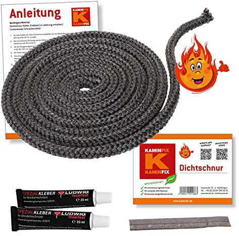 Ofendichtschnur 2,5m inkl. Kleber, Kaminreparaturset in der Größe 6mm, hochwertige Ofentürdichtschnur und Ofenschnur - Dichtschnur für Kaminofen, Ofen Dichtschnur 6, 8, 10, 12, 14mm.