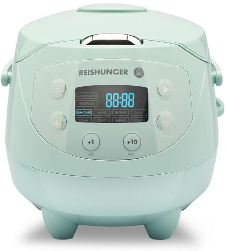 Reishunger Mini fornello per riso digitale e vapore, menta con funzione calda e timer - 3,5 tazze - piccola cucina di riso in stile giapponese con pentola interna in ceramica - 8 programmi - 1-3
