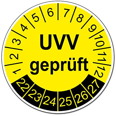 Aufkleber Set UVV geprüft nächste Prüfung Plaketten Grundplaketten Prüfplaketten 2022-2027 Prüfetiketten PVC Vinyl Folie selbstklebend R180 (50 Stück, Plakette UVV geprüft)