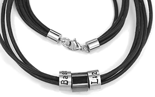 Timbalino Personalisierte Handmade Kette für Herren Beads mit Gravur, schwarze Lederkette