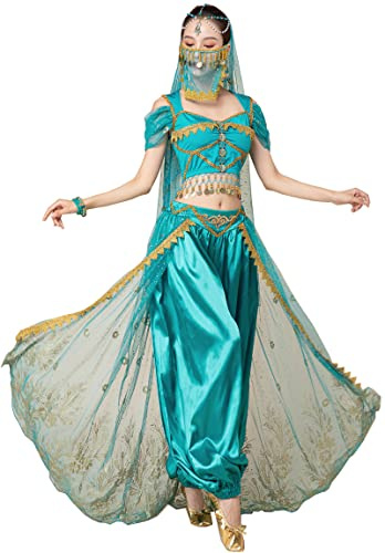 ORIDOOR Damen New Aladdin Jasmin Prinzessin Bauchtanz Halloween Kostüm Set Bauchtanz für Dress Up Party 5-teiliges Outfit