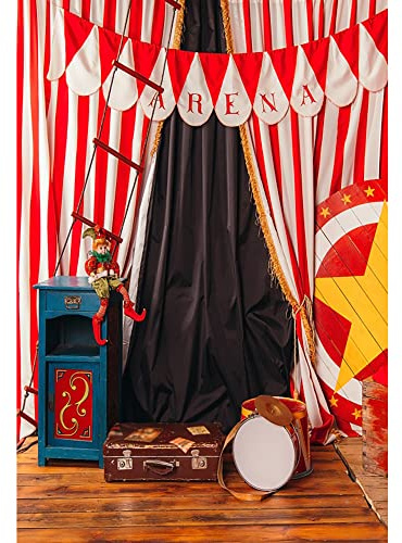 Aoihrraan 1,5x2,2m Cirque fête Toile de Fond Rouge Rayure Rideau Scène Rétro Valise Arène Rustique Bois Sol Photographie Fond Filles Garçons Anniversaire Talent Spectacle Portrait Photo Accessoires