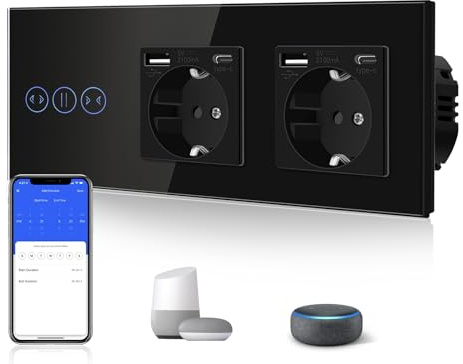 BSEED Interruptor Cortina WiFi,interruptores tactil empotrado,Inteligente Control de Porcentaje,Panel de Cristal,Control Remoto,Requiere Cable Neutro,Cortina + 2 Enchufe con USB/Tipo-C,228mm Negro