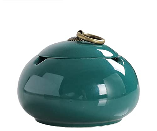 Decohomeforu Cendrier en céramique vert foncé avec couvercle, cendrier à cigarettes sans fumée, cendrier vert céramique pour maison, bureau, décoration artistique, patio, hôtel, restaurant, bar