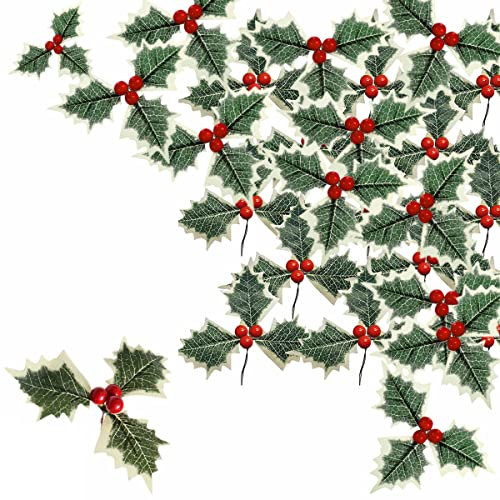 Holly Berries with Green Leaves, Artificial Xmas Tree Ornaments & Wreath Making Supplies for DIY Crafts & Home Decor