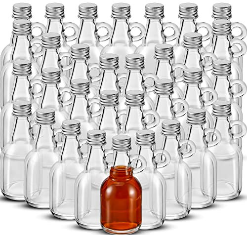 32 Pieces 1.7 Oz Glass Syrup Bottles with Aluminum Lids and Loop Handle Clear Glass Bottles Reusable Maple Syrup Jars Syrup Container Stout Sample Bottles for Potion Juice Milk Storage Gift Sauce Oil