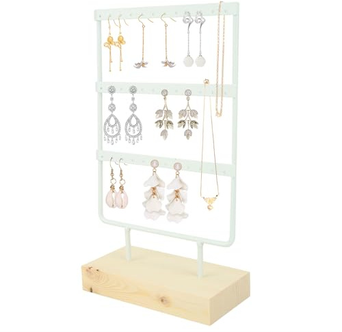 Hapivida Schmuckständer Organizer, Ohrringhalter 36 Löcher 3 Etagen Metall Schmuck Aufhängeregal Holz Ring Ohrring Ablage für Halsketten, Ringe, Armbänder(Weiß)