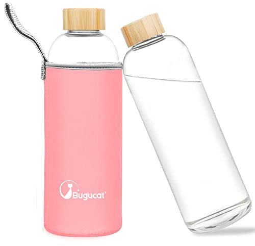 Bugucat Botella de Agua Cristal 1000ML, Reutilizable Botella para Beber Botella de Agua de Vidrio de Borosilicato,Garrafa con Funda Protectora Botella Deportiva para Deportes Gimnasio Viajes, Sin BPA