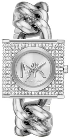 Michael Kors Chain Lock Uhr für Damen, Quarzwerk mit Edelstahl- oder Lederarmband, Silberfarben, 25MM