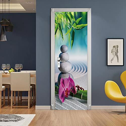 A.Monamour Türtapete Selbstklebend Türfolie Türposter 3D Sand Orchidee Und Massagesteine Im Zen-Garten Vinyl Folie Türdeko Tapete Wandbild Türaufkleber Türtattoo 95 x 215 cm