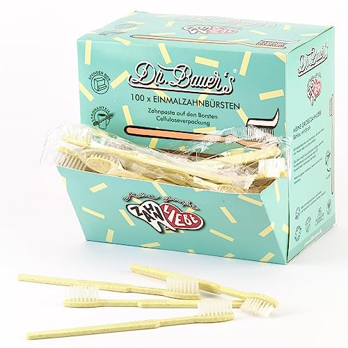 Dr. Bauer's Einmalzahnbürsten mit Zahnpasta, Zahnärzte, Hotels, 100er Pack | Nachhaltige Einwegzahnbürste, umweltfreundlich mit Strohanteil in praktischer Spenderbox