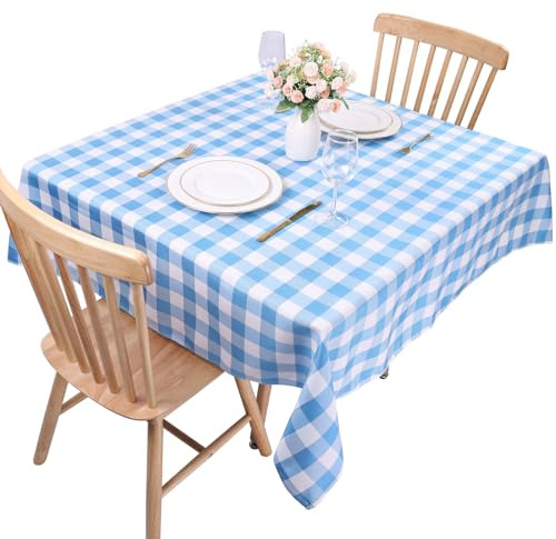 Kesfey Sky Blue Square Gingham Tablecloths Polyester 140x140cm Checkered Square Plaid Tablecloth Wrinkle Free Wipe Clean Table Cloth for Dining Room Outdoor