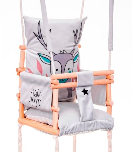 Love Gifts® Babyschaukel aus Holz hochwertig und geeignet als Indoor Schaukel, montierbar an der Decke sowie im Türrahmen, Hirsch, Made in EU
