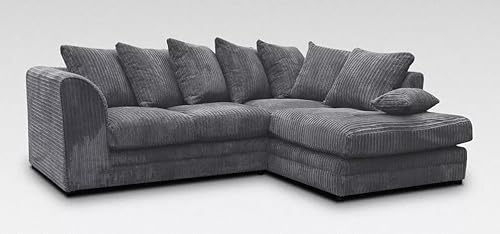 Cord Corner Sofa Jumbo 3 2 Seater Grey Brown Coffee Cream Suite Armchair Chair 6 COLOURS (RIGHT HAND CORNER SOFA, CHARCOAL GREY)