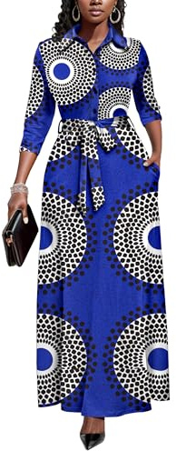 Runwind Women Church Maxi Dresses 3/4 Sleeve Button Down Print Casual Office Dress African