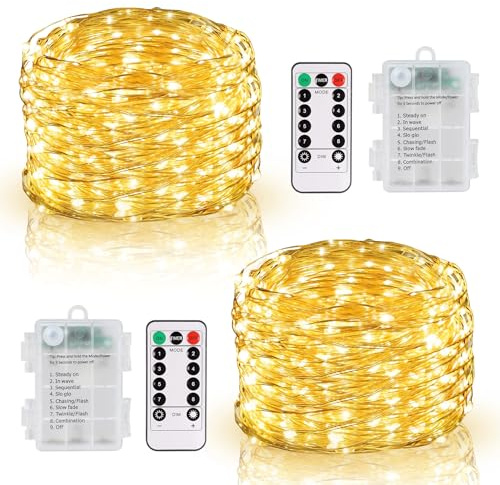 DBFAIRY 2 Pack Fairy Lights Battery Operated with Remote Control, 10M 100 LED Twinkle Lights Waterproof Silver Wire String Lights 8 Modes Dimmable for Bedroom Party Decoration (Warm White)