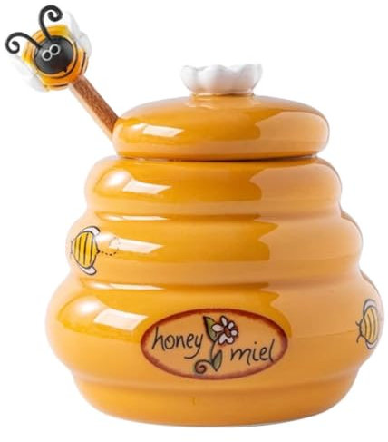 Alipis Ceramic Honey Jar with Lid and Wooden Dipper 4.7Oz Small Honey Storage Pot for Kitchen Tabletop Syrup Container