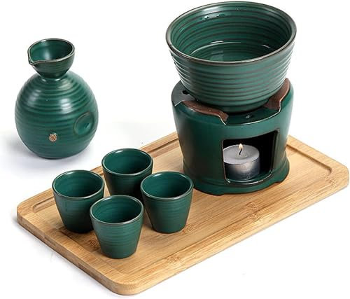Set per Sake e Tazze con scaldavivande, Kit di Set per Bevande Calde per sakè in Porcellana Tradizionale Giapponese in Ceramica, 8 Pezzi, Include 1 fornello, 1 Ciotola riscaldante, 1 sakè, Bottiglia,