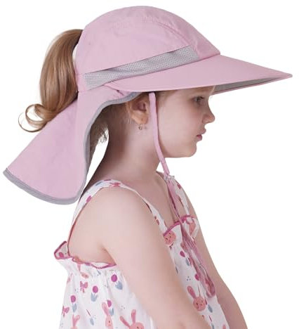 Creekstone Sonnenhut für Kinder mit Nackenklappe Pferdeschwanz Loch, UPF 50+, Breite Krempe, Sommer-Strandhut für Kleinkinder Mädchen Jungen (DE/NL/SE/PL, Alter, 5 Jahre, 9 Jahre, Rosa)