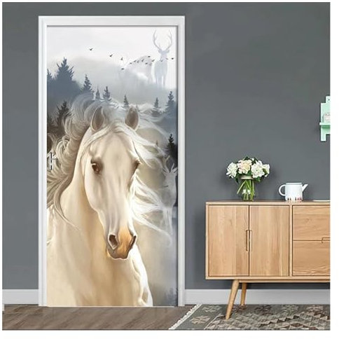 Türaufkleber Türtapete Türbilder Türposter 3D-Türaufkleber, PVC, Selbstklebend, Wald, Weißes Pferd, Wandaufkleber, Wandpapier, Wohnzimmer, Türdekoration, Poster(Größe:95x215cm)