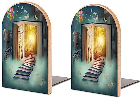 Magic Book Zebra Elefant Schmetterling Buchstütze Premium Holz + Metall L-Form Dekorative Buchstützen Buchstütze für Bücherregal Desktop Klassenzimmer Küche Zuhause