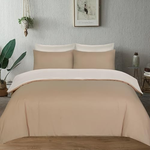 J.Din Beige and Cream Plain Dyed Duvet Cover - Soft Brushed Microfiber - Single Bedding Set With Matching Pillow case - Reversible Quilt Cover Sets