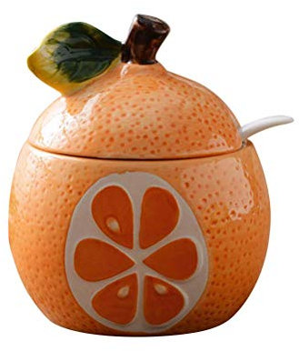 ABNNHK Zuccheriera in Ceramica a Forma di Frutta, saliera, Pepe, Barattolo per condimenti, Contenitore per condimenti, portaspezie con Coperchio e Cucchiaio-Arancio Pomelo
