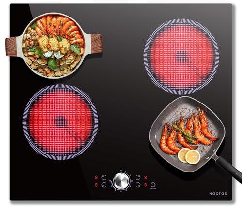 NOXTON Plaque VItrocéramique 4 Feux avec Commande à Bouton Unique, Plaque de Cuisson Electrique 4 Feux Encastrable, Table de Cuisson Vitrocéramique, 220-240V, 6000W, sans Prise