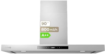 EVVO Campana Extractora 90 cm Decorativa, Potencia 800 m³/h, Control Táctil y Gestual, Filtro de Aluminio y Carbón Activo, Eficiencia Energética A++