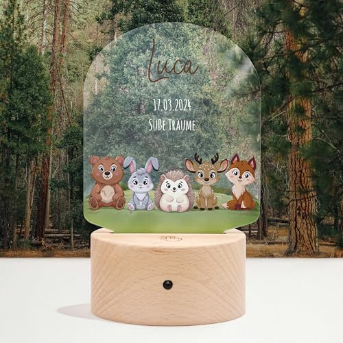LAUBLUST 3D LED Nachtlicht für Kinder - Personalisierte Lampe mit Baby Namen & Wunschtext | Natur, Zwei Holzsockel - Geschenk zur Geburt & Taufe für Mädchen und Jungen - Kinderzimmer Deko (Waldtiere)