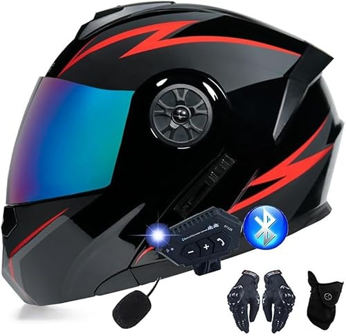 Casco de Moto Modular Bluetooth Casco de Moto para Adultos, Mujeres y Hombres, Casco de Moto Integral con Auriculares Bluetooth de 150 m, Homologado ECE C,XL61-62CM