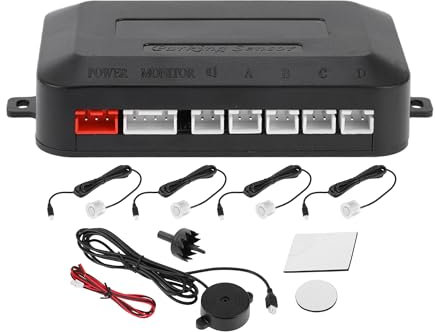 Motoforti Universal Car Auto Vehicle Reverse Backup Radar System Reverse Parking Sensors Alarm Buzzer Reminder Distance Detection White 4 Parking Sensors