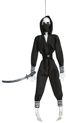 FIESTAS GUIRCA | Ninja Skelett Hängefigur (45 cm) - Halloween Dekoration für Partys und Feiern - Ideal für gruselige Umgebungen und Skelett-Themen - Schwarz und Weiß
