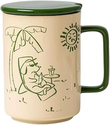 WERLIN Coffee Mug 480ml/16.2oz Round Coffee Mug Ceramic Green Office Tea Cup with Lid and Spoon Reusable Tea Cup