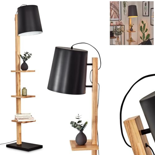 HOFSTEIN Stehleuchte Kelan, Stehlampe aus Holz/Metall in Natur/Schwarz im modernen Boho-Design, Schirm Ø 29cm, 171cm, E27, Leuchte mit Ablageflächen u. Fußschalter, Wohnzimmer, Schlafzimmer, Esszimmer