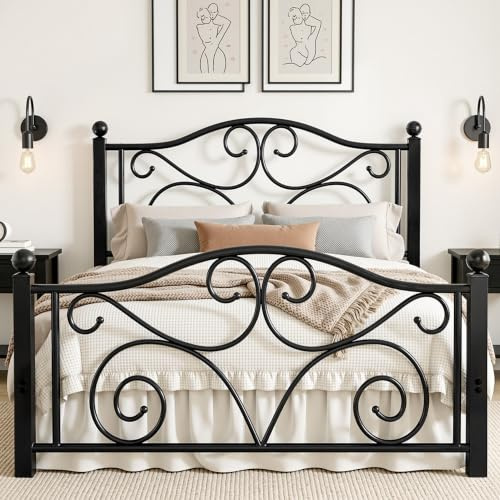 VECELO 4ft6 Double Bed Frame with Headboard and Footboard, 135×190cm Platform Mattress Foundation, Heavy Duty Metal Slat Support, No Box Spring Needed, Easy Assembly