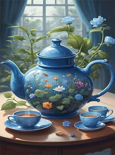 Zuooyi Blue Tea Sets Paint by Number Kits for Adults, Without Frame Painting by Number Kits on Canvas, DIY Color Oil Painting Acrylic Paints for Home Wall Decor 12x16 inch