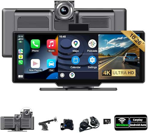 SCUMAXCON 10,26 Pouces sans Fil Carplay Android Auto Wireless Écran Tactile IPS Airplay 4K Caméra de recul 1080P GPS Navigation Bluetooth FM Console Centrale Lecteur multimédia Haut-Parleur intégré