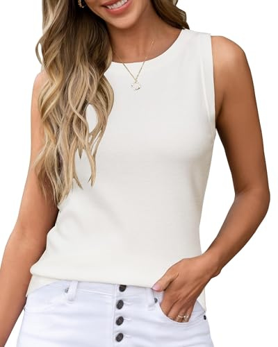Arach&Cloz White Tank Top Woman Summer Sleeveless Crew Neck Cashmere Sweater Vest Cute Fashion 2026 Dressy Top Business Casual Outfits Knit Trendy Work Teacher Old Money Clothes